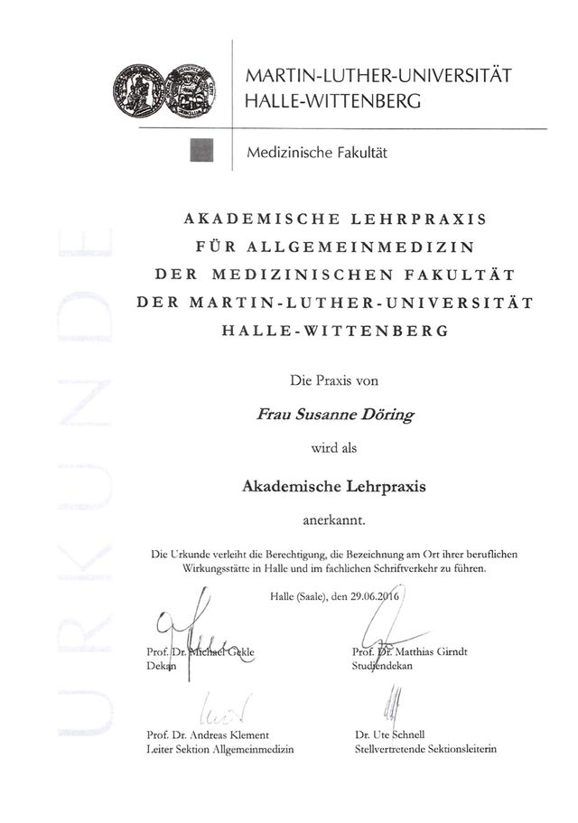 Zertifikat der Hausarztpraxis Susanne Döring in Halle (Saale)
